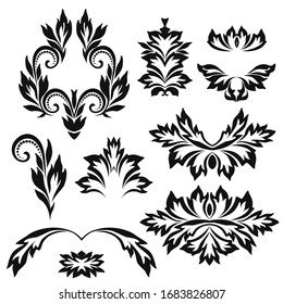 Black and white floral stencils for interior decoration, embroidery . Natural pattern - object isolated. Vector set of various ornaments, deco template.