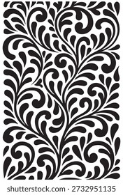 Black and white floral swirl pattern, elegant organic leaf scroll vector illustration, seamless background for wallpaper, textile print, laser cut, or luxury packaging, EPS 10 format.