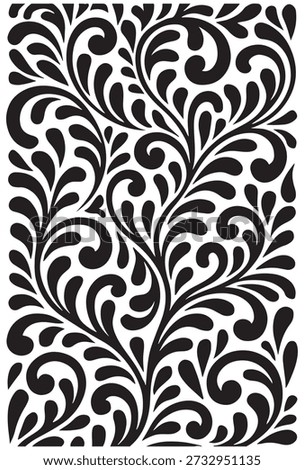 Black and white floral swirl pattern, elegant organic leaf scroll vector illustration, seamless background for wallpaper, textile print, laser cut, or luxury packaging, EPS 10 format.