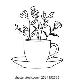 Black and White Floral Teacup Illustration Design with Blooming flowers and Delicate Leafy Branches