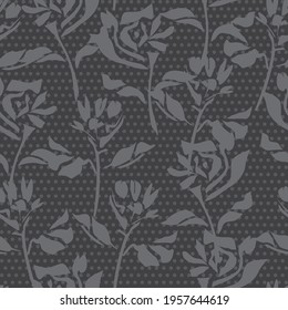 Black and White Floral tropical botanical seamless pattern dotted background for fashion textiles and graphics