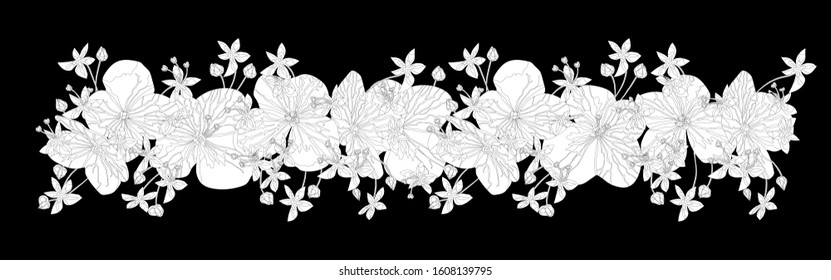 Black and white floral vector border template. Isolated Hand drawn black and white contours of abstract flowers on black background. Ornate element for design, coloring page, decoration.