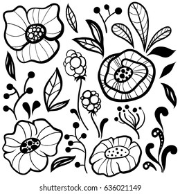 Black and white floral vector collection. Set of doodle style flowers, leaves. Spring summer floral elements. Freehand sketch style illustration. Monochrome botanicals