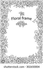 Black and White floral vector frame. Wildflowers.