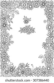 Black and White floral vector frame. Wildflowers.