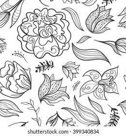 Black and White Floral Vector Pattern Seamless sketch texture with fantastic ornamental doodle flowers and leaves