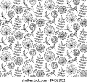 Black and white floral vector seamless pattern with flower, leaf, branch. Natural endless background
