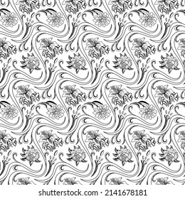 Black and White Floral Vector Seamless Pattern. Awesome for classic product design, fabric, backgrounds, invitations, packaging design projects. Surface pattern design.