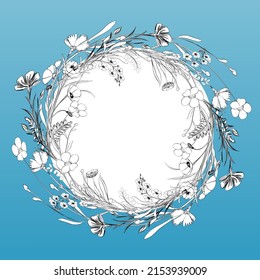 Black and white floral wreath of wild flowers but blue background. Floral frame, template.