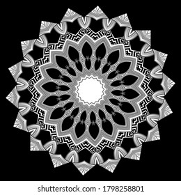 Black and white floral zig zag mandala. Greek zigzag ornaments. Decorative beautiful pattern. Vector ornamental monochrome background. Geometric ethnic backdrop. Greek key, meanders, flowers, borders.
