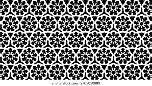 Schwarz-weißes, blumeninspiriertes geometrisches Muster, das dichte, sich wiederholende Zierhaufen bildet.