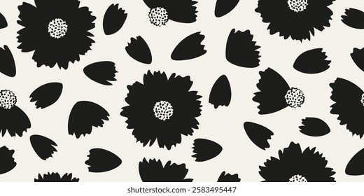 Black and white florals pattern with petals. Monochrome abstract flowers pattern. Design for textile design, fabric, packaging, wallpaper, covers and wall art.