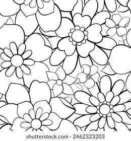 Black and white flower art seamless pattern. Retro floral nature shape background illustration. Natural organic plant leaves artwork wallpaper print. Vintage spring texture.	
