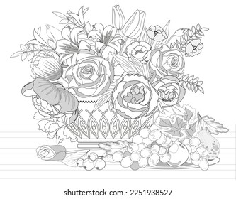 Black and white flower  bouquet in a big vase with grape, berries and fruits. Still life for coloring book page. Vector illustration.