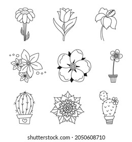 Black and white flower collection. Coloring book page elements. Botanical vector illustration for handmade gift card, poster, invitation or flyer decoration.