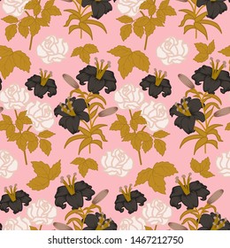 Black and white flower composition in a seamless pattern design, that can be  used on the web or in print, for surface design