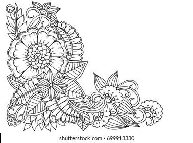 Black and white flower corner pattern for coloring, or design books,cards
