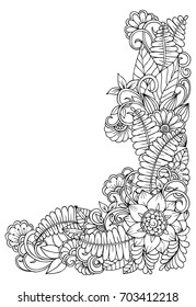 Black and white flower corner pattern for coloring book