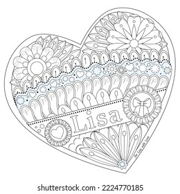 Black and white flower decoration with name Lisa, heart frame. Coloring book page. Vector illustration.