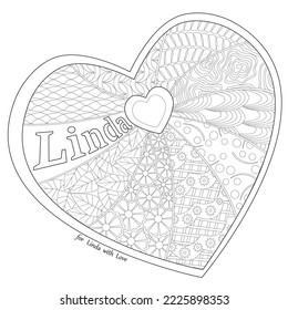 Black and white flower decoration with name Linda, heart frame. Coloring book page. Vector illustration.