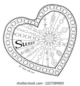 Black and white flower decoration with name Susan, heart frame. Coloring book page. Vector illustration.