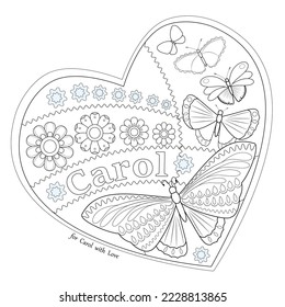 Black and white flower decoration with name Carol, heart frame. Coloring book page. Vector illustration.