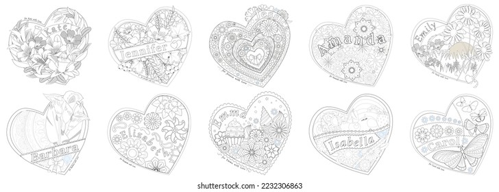 Black and white flower decorations set with female names, heart frame. Coloring book page. Vector illustration.
