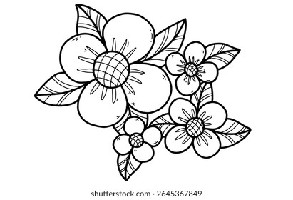 Black and white flower design vector, simple, printable, colorable, editable, cute design, outline floral