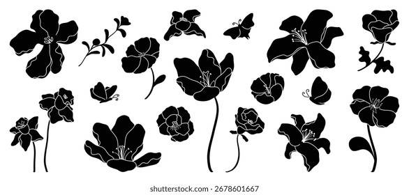 Schwarz-weißer Blütenelement-Vektorsatz.  Silhouette botanisch mit Blumen, Stiel, Zweig, Blätter. Design-Illustration für Karte, Verpackung, Aufkleber, dekorativ.