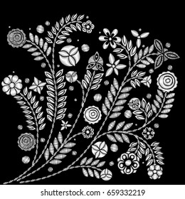 Black and white flower embroidery design. Embroidery ethnic floral neck line or short floral blooming for fashion wearing. Vector.