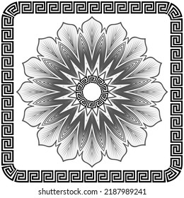 Black and white flower with frame. Floral beautiful mandala pattern and greek square frame. Vector ornamental monochrome background. Decorative ornaments. Greek key meander frames, borders. Isolated.