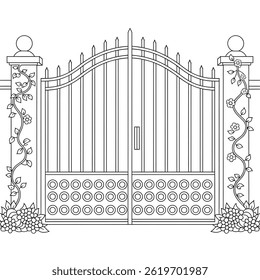 A black and white  a flower gate coloring page 
