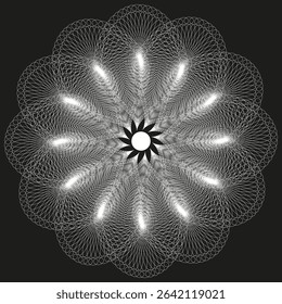 Black white flower. Glowing vector bloom. Symmetric optical shape. Radiant petal symbol.