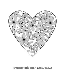 Black and white flower heart, valentine day card template, vector