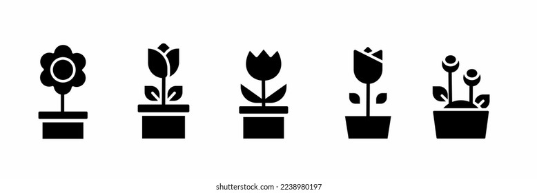 Black white flower icon collection in pots flat style. Stock vector.