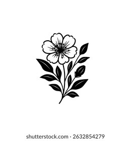 Black and white flower illustration with leaves.