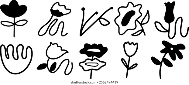 Black and White Flower Illustration Set | Minimalist Doodle Style Vector