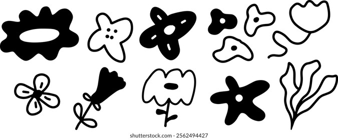 Black and White Flower Illustration Set | Minimalist Doodle Style Vector