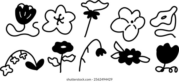 Black and White Flower Illustration Set | Minimalist Doodle Style Vector