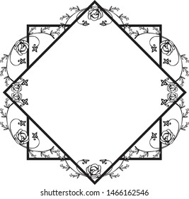 Black and white flower and leaves, frame design element in retro style. Vector