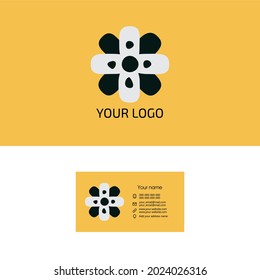 Schwarz-Weiß-Blume-Logo im Doodstyle auf gelbem Hintergrund und Bonus-Visitenkarten-Vorlage