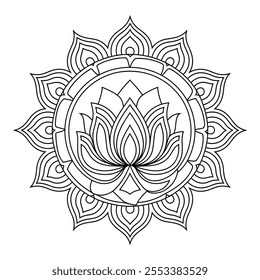 A black and white flower mandala design of a line art coloring page 