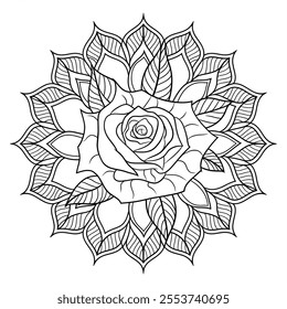 A black and white flower mandala design coloring book line art 