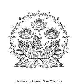 Black and White Flower Mandala with Leaves and Detailed Floral Designs for Coloring Book Pages