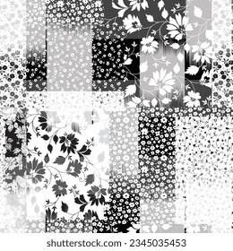 patrón de mosaico de flores en blanco y negro sobre fondo de texturas