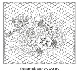 Black and white flower pattern for adult coloring book. Doodle floral drawing. Art therapy coloring page.
