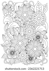 Black and white flower pattern for adult coloring book. Doodle floral drawing. Art therapy coloring page.