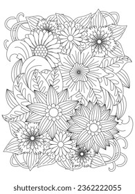 Black and white flower pattern for adult coloring book. Doodle floral drawing.Doodle floral pattern in black and white. Page for coloring book