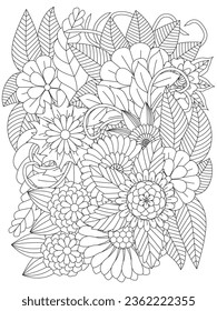 Black and white flower pattern for adult coloring book. Doodle floral drawing. Art therapy coloring page. For adults and kids