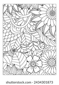 Black and white flower pattern for adult coloring book. Doodle floral drawing. Art therapy coloring page. For adults and kids
